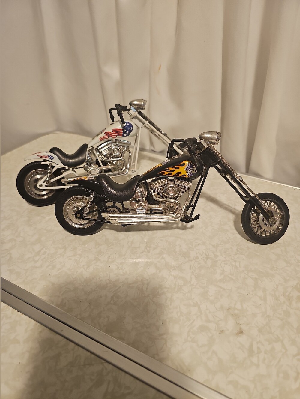 2- Pair of Decorative Chopper Motorcycle Models - Black & White with Flames